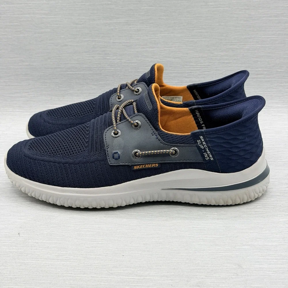 Skechers Slip Ins Men's 9.5 Navy Blue Loafers Hands Free Walking Delson 3 210606